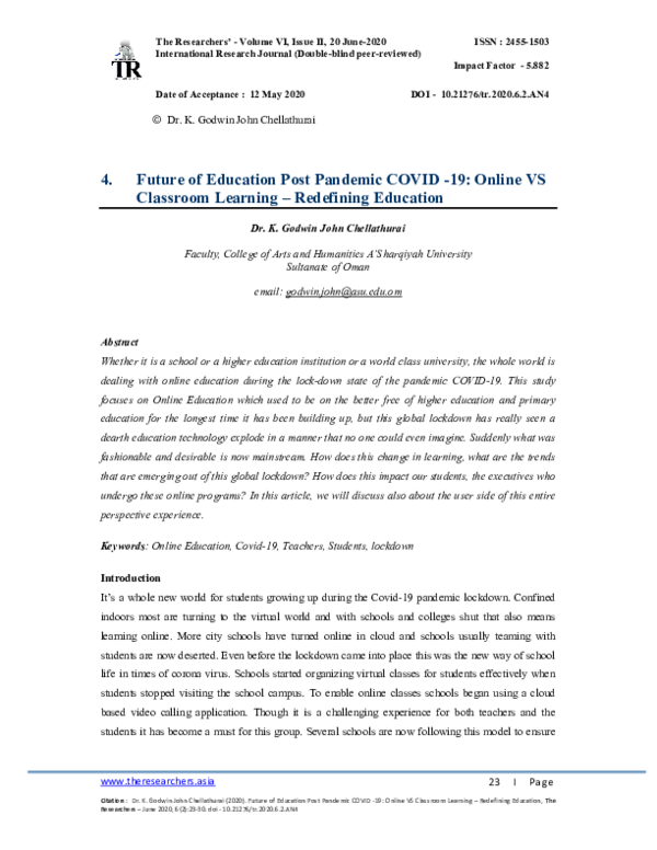 (PDF) Future of Education Post Pandemic COVID -19: Online VS Classroom ...