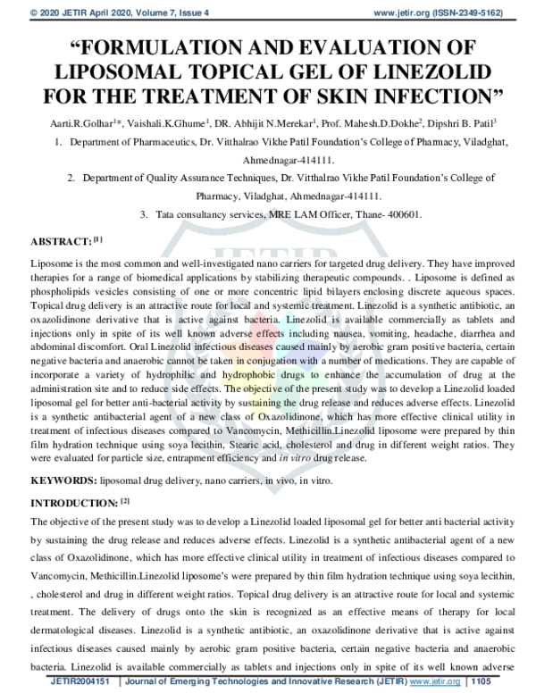 (PDF) "FORMULATION AND EVALUATION OF LIPOSOMAL TOPICAL GEL OF LINEZOLID
