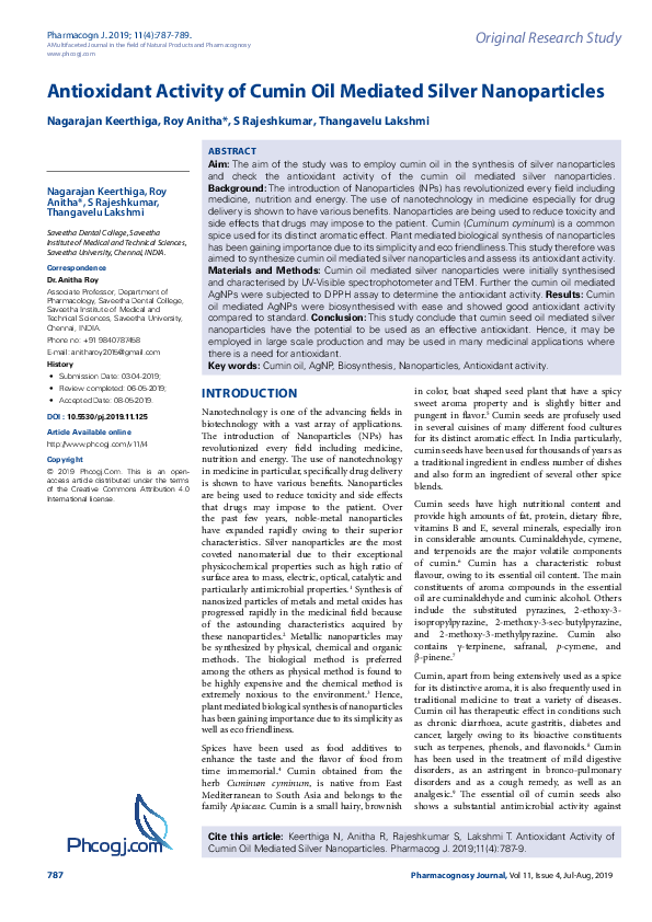 (PDF) Antioxidant Activity of Cumin Oil Mediated Silver Nanoparticles