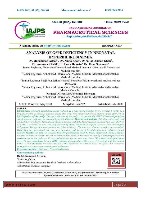 (PDF) ANALYSIS OF G6PD DEFICIENCY IN NEONATAL HYPERBILIRUBINEMIA QR