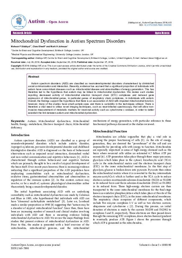 (PDF) Mitochondrial Dysfunction in Autism Spectrum Disorders