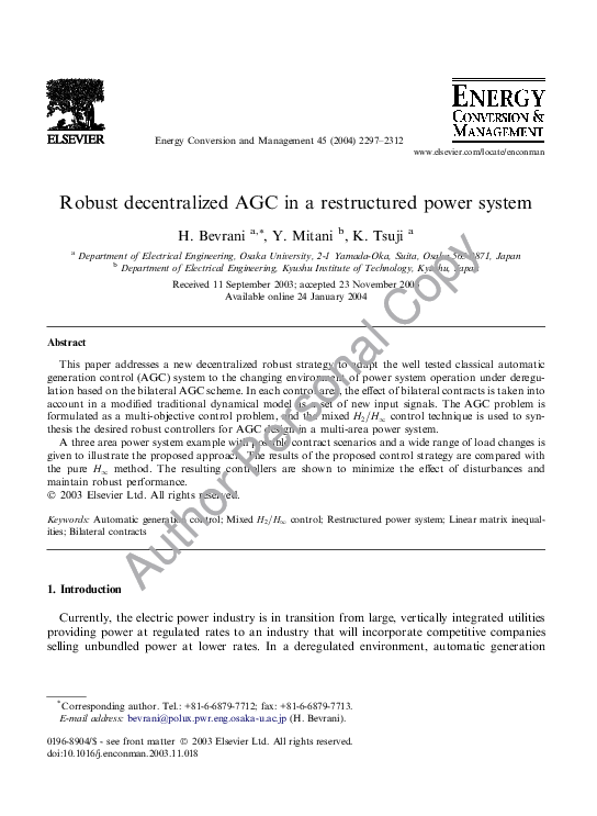 (PDF) Robust decentralized AGC in a restructured power system