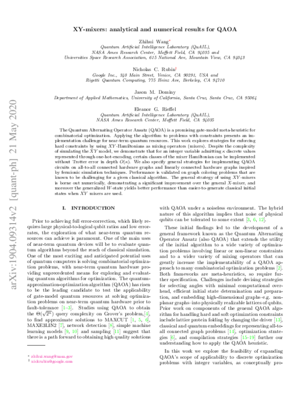 (PDF) XYmixers analytical and numerical results for QAOA Hong Wang