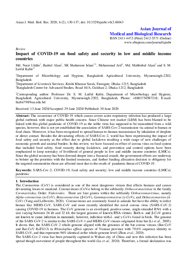 (PDF) Impact of COVID-19 on food safety and security in low and middle ...