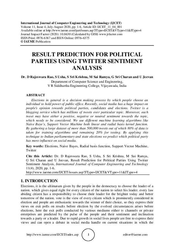 (PDF) RESULT PREDICTION FOR POLITICAL PARTIES USING TWITTER SENTIMENT ...
