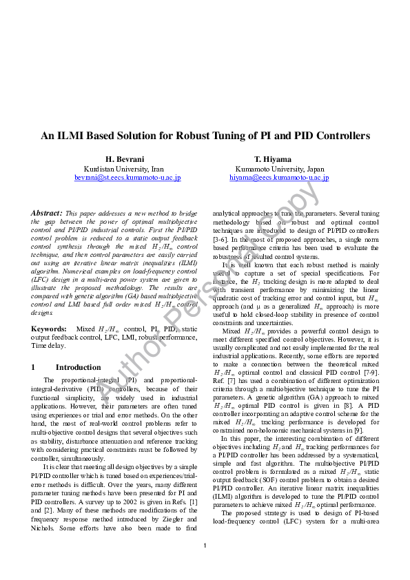 (PDF) An ILMI Based Solution for Robust Tuning of PI and PID Controllers