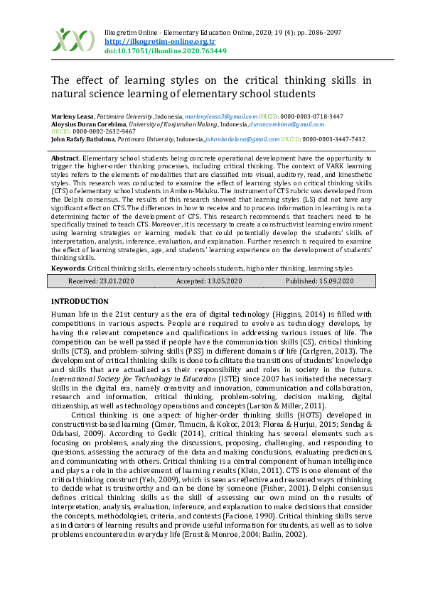 (PDF) The effect of learning styles on the critical thinking skills in ...