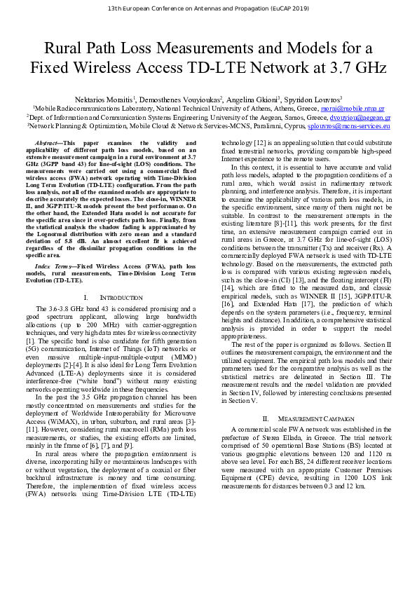 (PDF) Rural Path Loss Measurements and Models for a Fixed Wireless ...