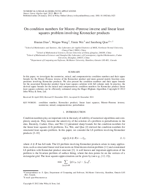 (PDF) On condition numbers for Moore-Penrose inverse and linear least ...