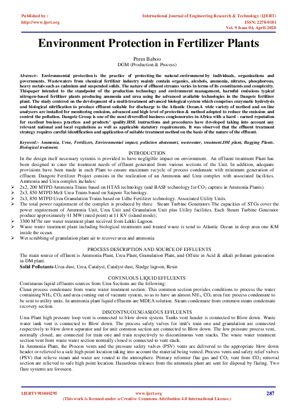 (PDF) Environment Protection in Fertilizer Plants Prem Baboo
