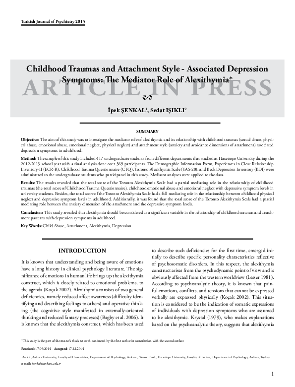 (PDF) The Investigation of the Mediator Role of Alexithymia on the ...