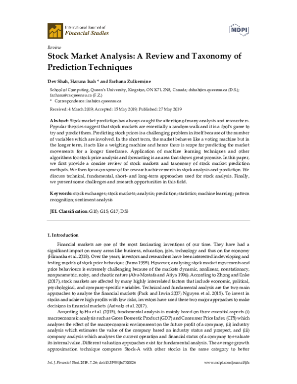 (PDF) Stock Market Analysis: A Review and Taxonomy of Prediction Techniques