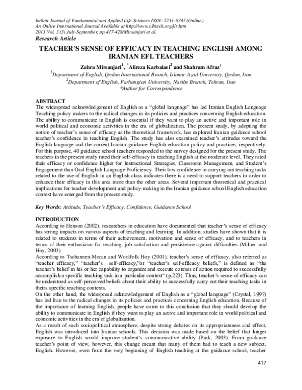 (PDF) TEACHER'S SENSE OF EFFICACY IN TEACHING ENGLISH AMONG IRANIAN EFL ...