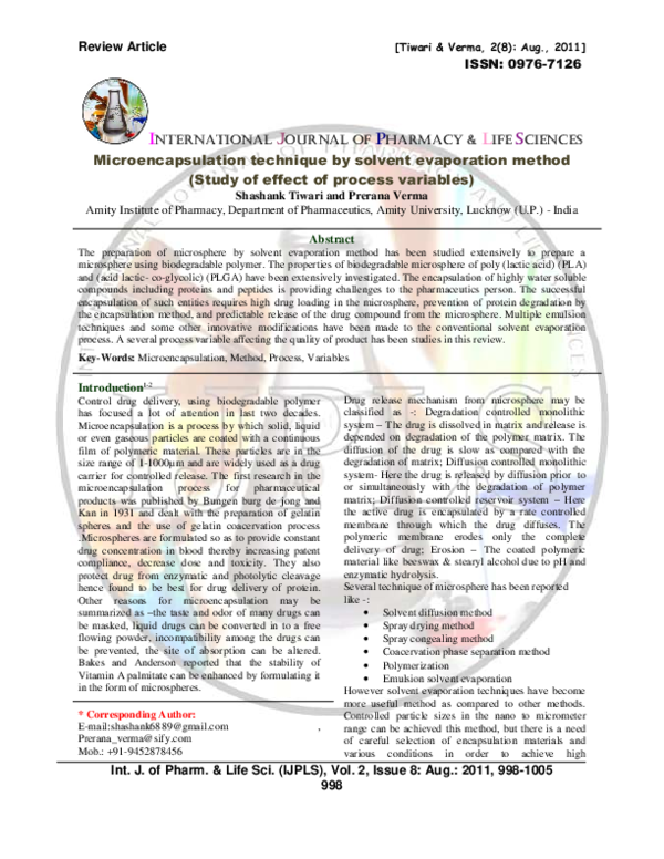(PDF) Microencapsulation technique by solvent evaporation method (Study ...