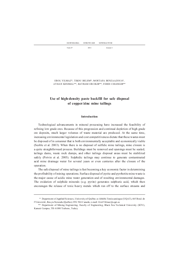 (PDF) Use of highdensity paste backfill for safe disposal of copper
