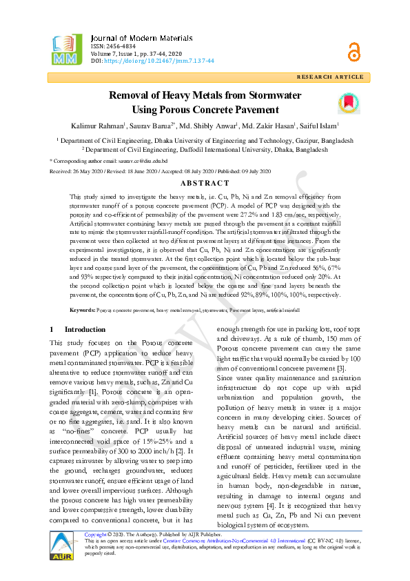 (PDF) Removal of Heavy Metals from Stormwater Using Porous Concrete ...