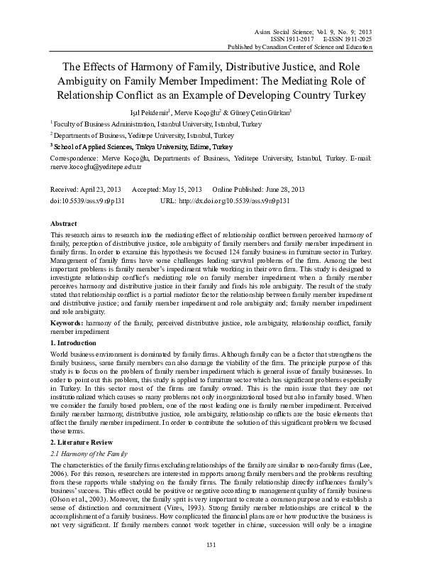 (PDF) The Effects of Harmony of Family, Distributive Justice, and Role ...