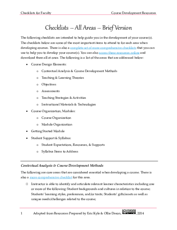 (PDF) Checklists for Faculty Course Development