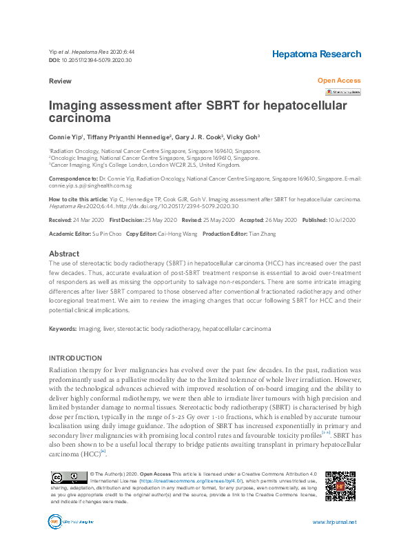 (PDF) Imaging assessment after SBRT for hepatocellular carcinoma