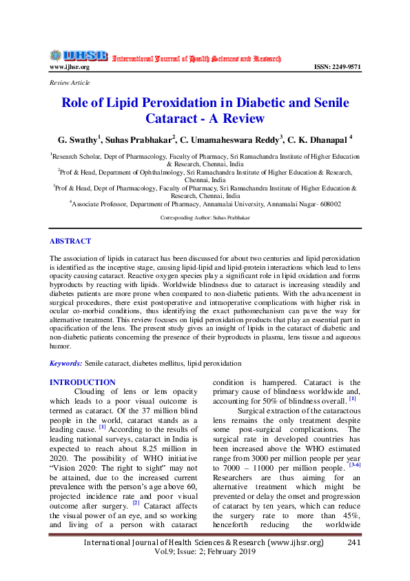 (PDF) Role of Lipid Peroxidation in Diabetic and Senile Cataract -A Review