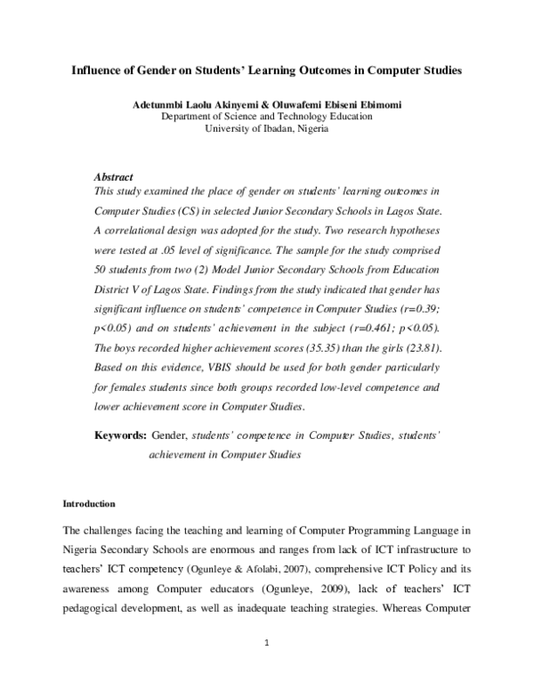 (PDF) Influence of Gender on Students' Learning Outcomes in Computer ...