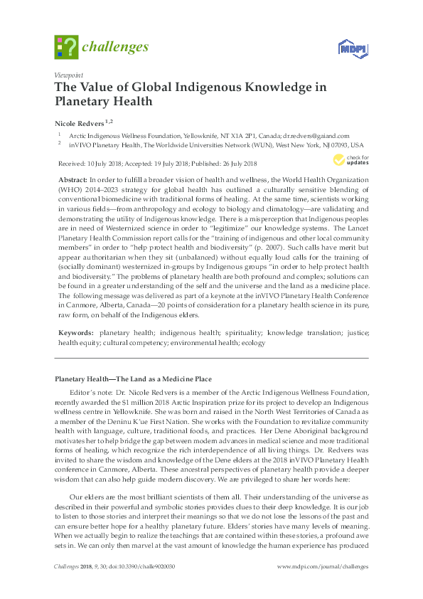 (PDF) The Value of Global Indigenous Knowledge in Planetary Health