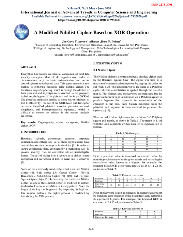 (PDF) A Modified Nihilist Cipher Based on XOR Operation