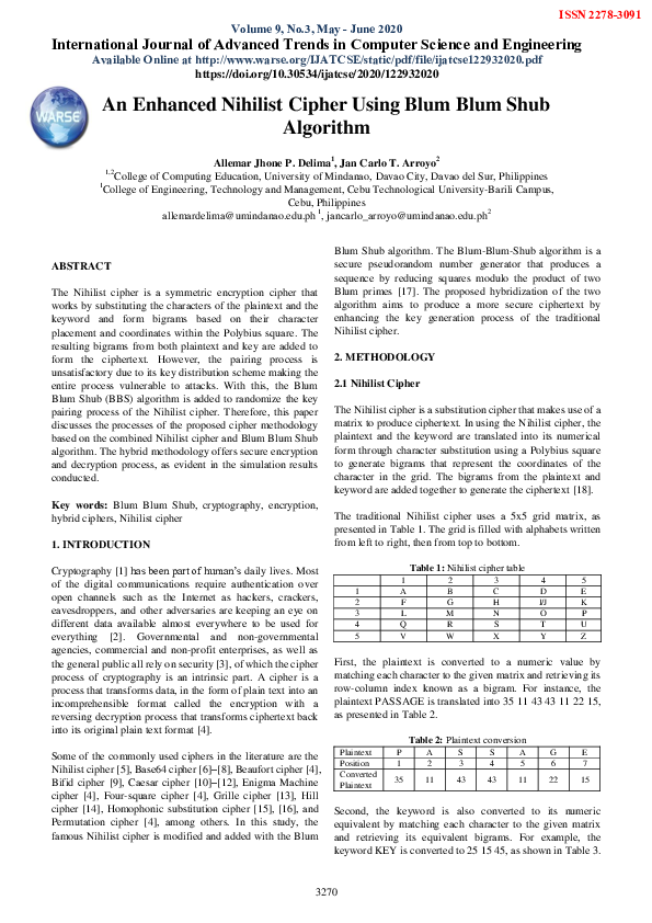 (PDF) An Enhanced Nihilist Cipher Using Blum Blum Shub Algorithm