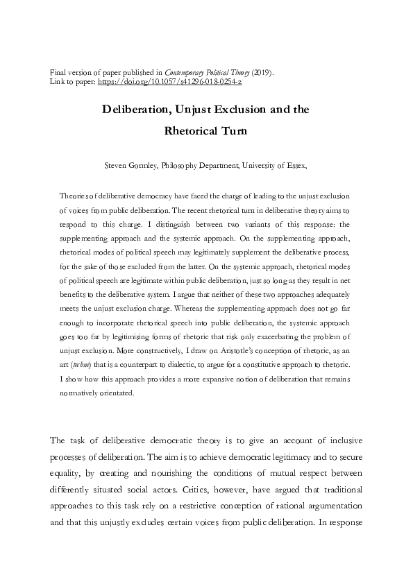 (PDF) Deliberation, Unjust Exclusion, and the Rhetorical Turn