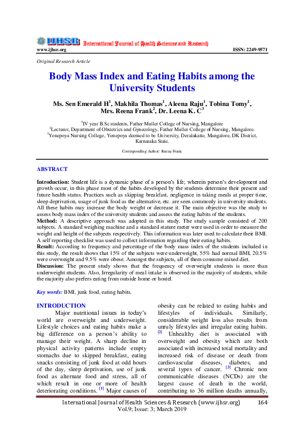 (PDF) Body Mass Index and Eating Habits among the University Students
