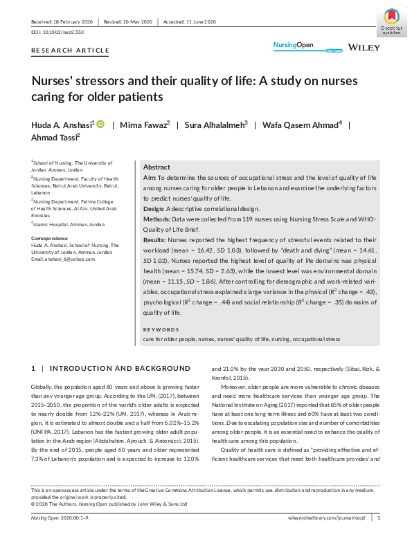(PDF) Nurses' stressors and their quality of life: A study on nurses ...