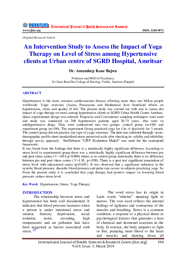 (PDF) An Intervention Study to Assess the Impact of Yoga Therapy on ...