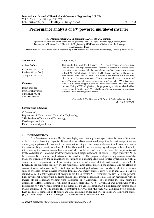 (PDF) Performance analysis of PV powered multilevel inverter