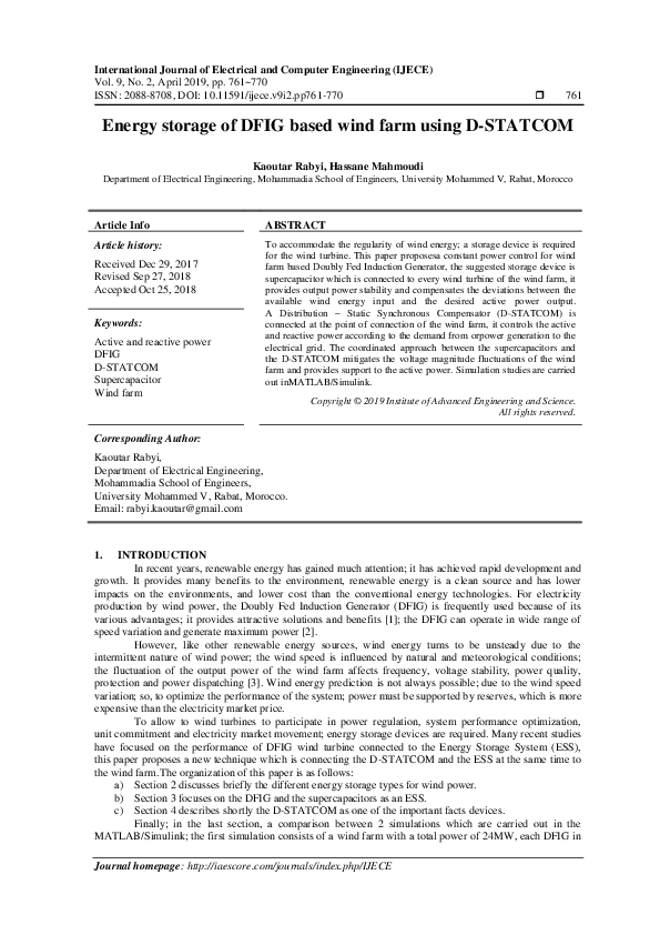 (PDF) Energy storage of DFIG based wind farm using D-STATCOM