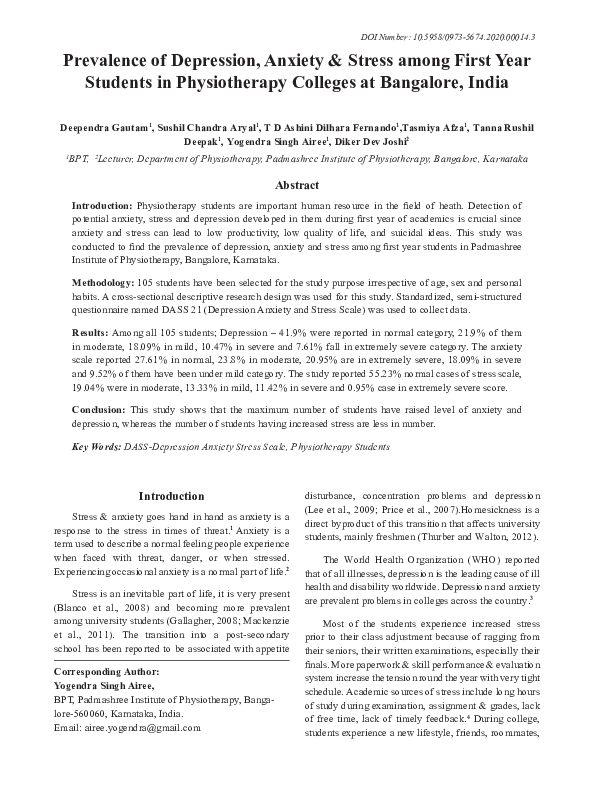 (PDF) Prevalence of Depression, Anxiety & Stress among First Year ...