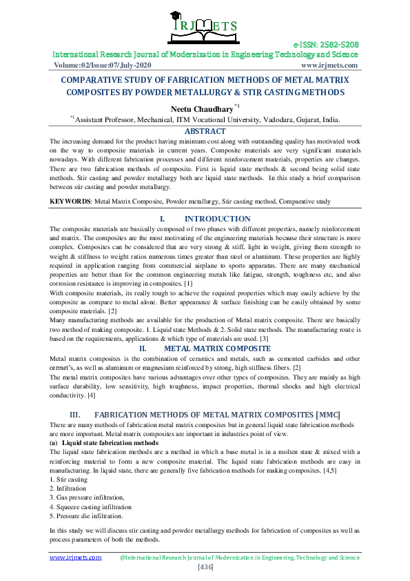 (PDF) COMPARATIVE STUDY OF FABRICATION METHODS OF METAL MATRIX ...