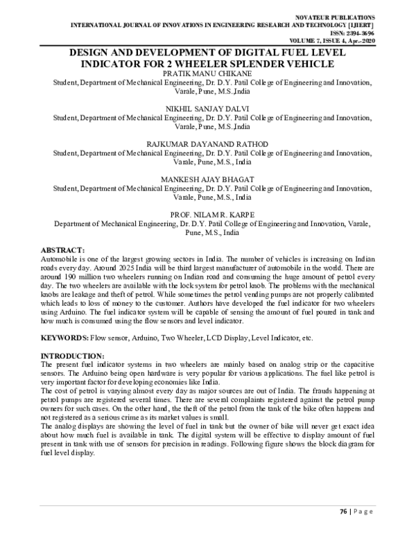 (PDF) IJIERTDESIGN AND DEVELOPMENT OF DIGITAL FUEL LEVEL INDICATOR FOR