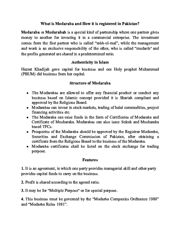 (DOC) What is Modaraba and how it is registered in Pakistan