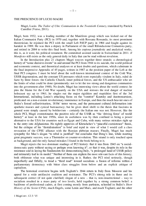 (PDF) THE PRESCIENCE OF LUCIO MAGRI (2014, 3,300 words)