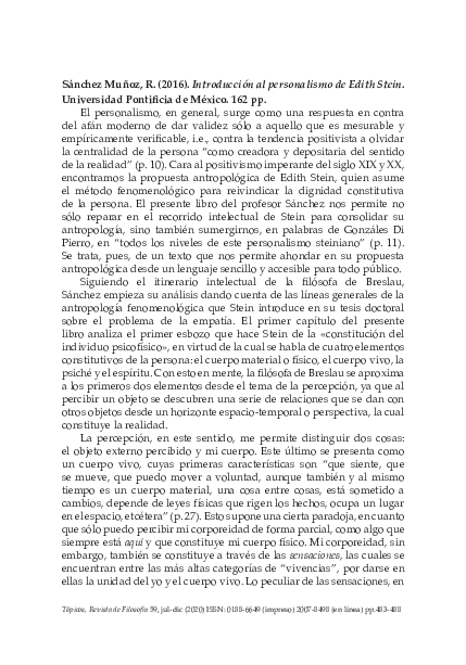 12.	“Rubén Sánchez Muñoz, Introducción al personalismo de Edith Stein, México, Universidad Pontificia de México, 2016, 162 pp”, en: Tópicos. Revista de filosofía, N° 59, 2020, pp. 483-488