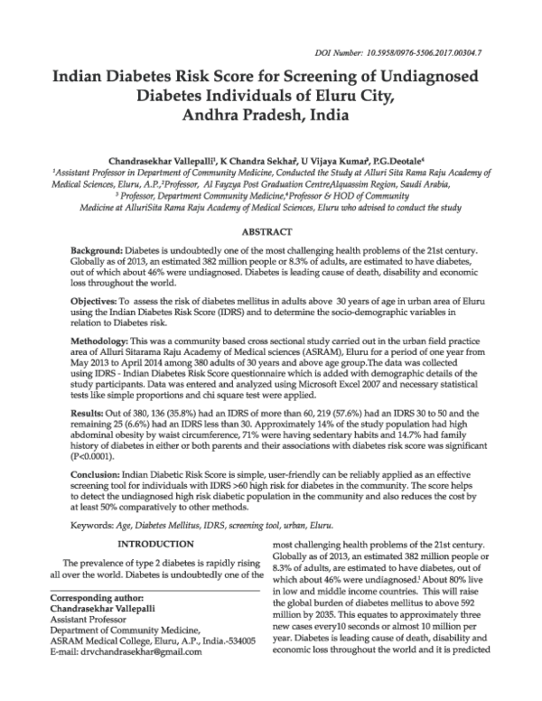 (PDF) Indian Diabetes Risk Score for Screening of Undiagnosed Diabetes ...