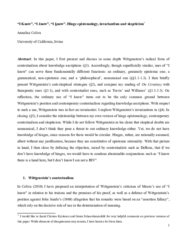 (DOC) "I Know", "I know", "I know". Hinge epistemology, invariantism