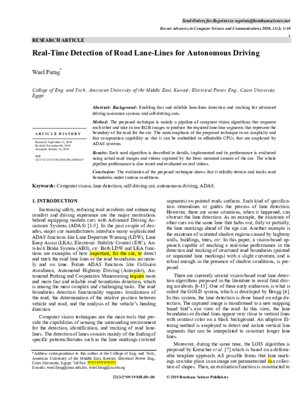 (PDF) Real-Time Detection of Road Lane-Lines for Autonomous Driving