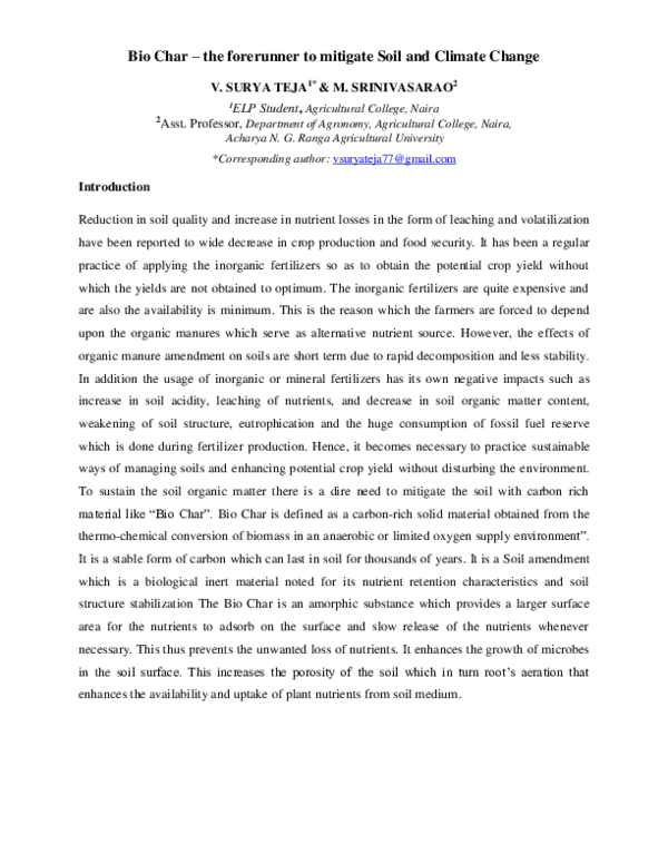 (PDF) Bio Char -the forerunner to mitigate Soil and Climate Change