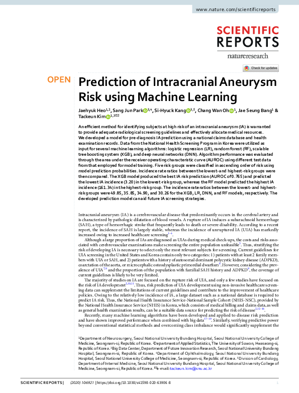 (PDF) Prediction of intracranial Aneurysm Risk using Machine Learning