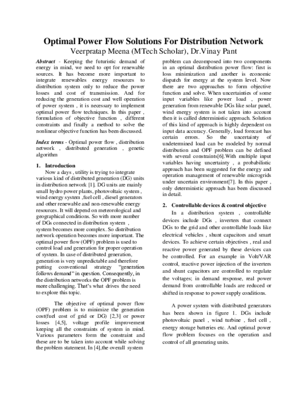 (PDF) Optimal Power Flow Solutions For Distribution Network