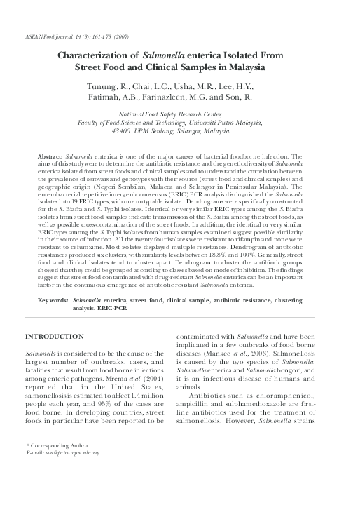 (PDF) Characterization of Salmonella enterica isolated from street food ...