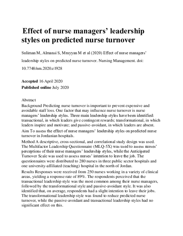 (PDF) Effect of nurse managers’ leadership styles on predicted nurse ...