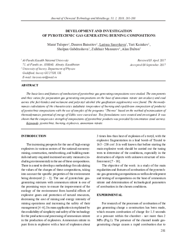 (PDF) DEVELOPMENT AND INVESTIGATION OF PYROTECHNIC GAS GENERATING ...