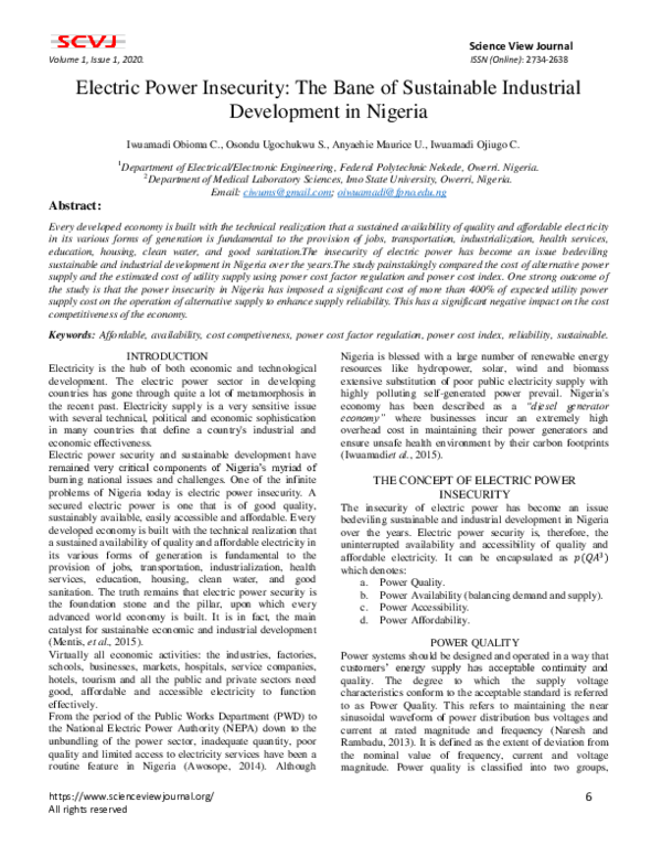 (PDF) Electric Power Insecurity: The Bane of Sustainable Industrial ...